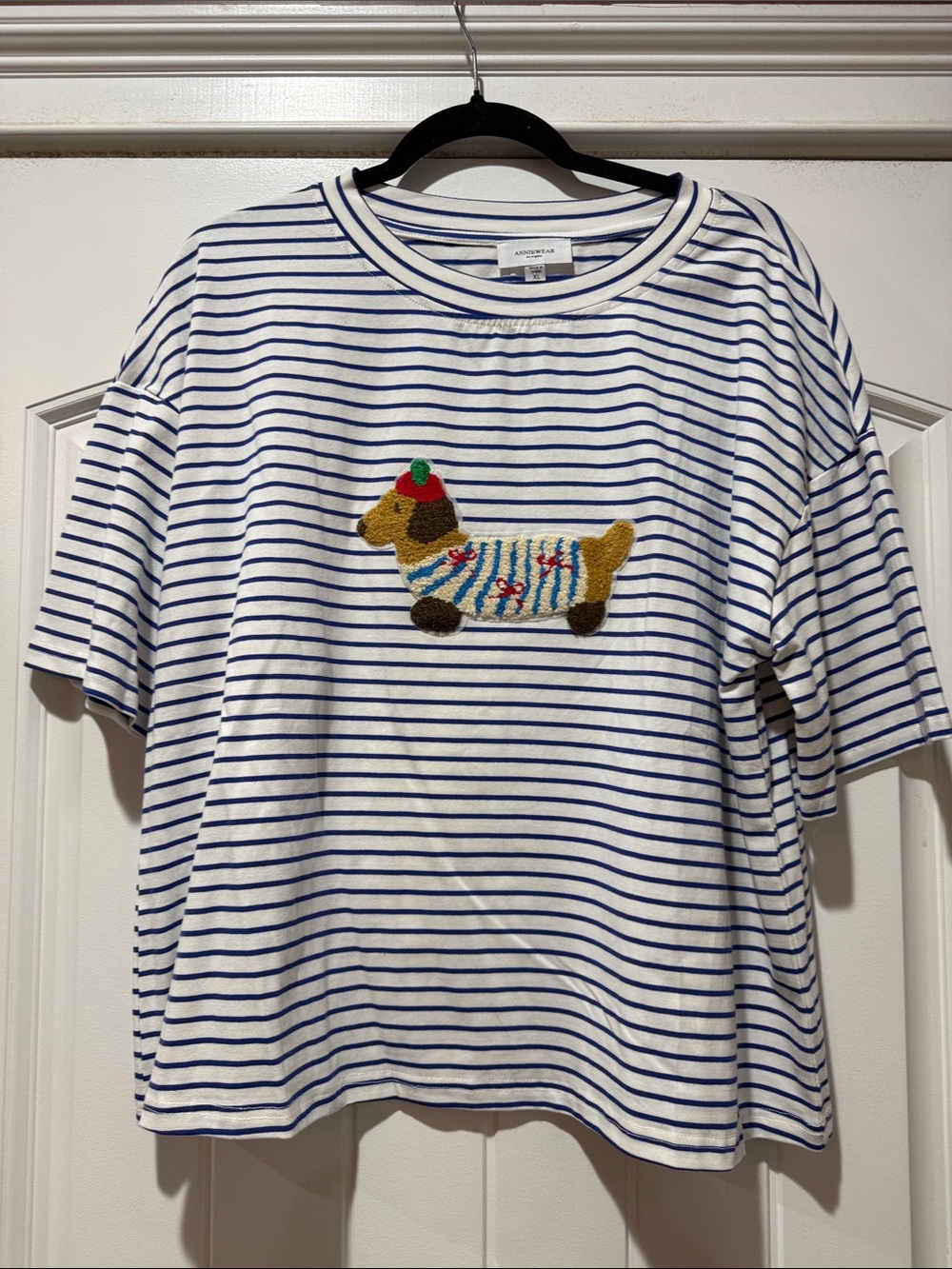 NWOT. Blue & White Striped Short Sleeve Tee with Embroidered Dog